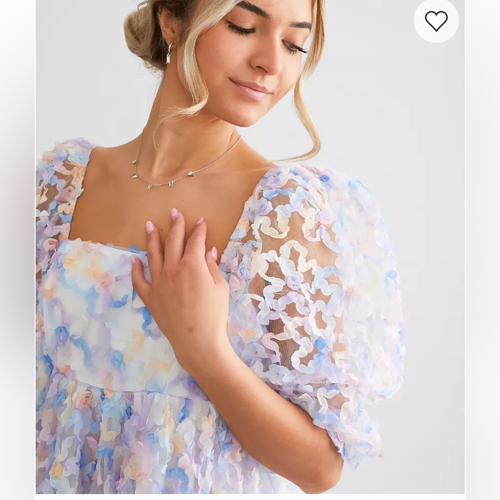 Storia Pastel Blue Floral Lace Puff Sleeve Mini Dress - Picture 4 of 5